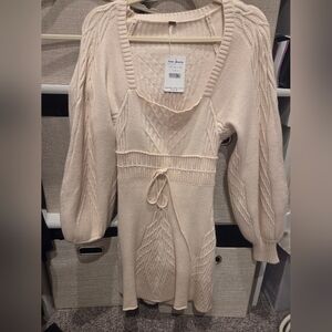 Free People Cream Cable-Knit Tie-Waist V-Neck Sweater Dress